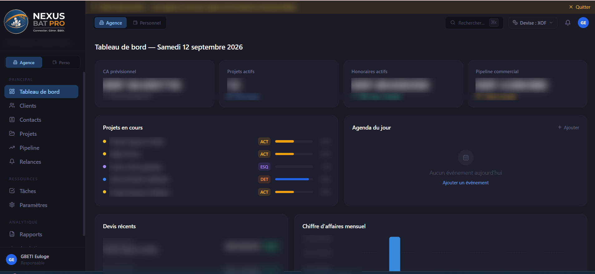 Tableau de bord agence de NEXUS BAT PRO : chiffre d'affaires prévisionnel, projets par phase MOP, devis récents et activité mensuelle (données confidentielles masquées)